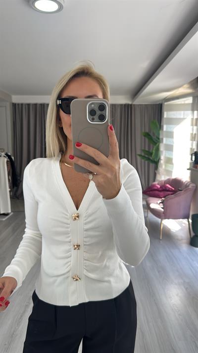 Dilvin Gold Düğme Detaylı V Yaka Ekru Triko