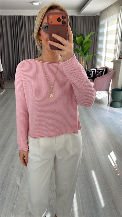 Dilvin Kayık Yaka Dökümlü Toz Pembe Merserize Triko