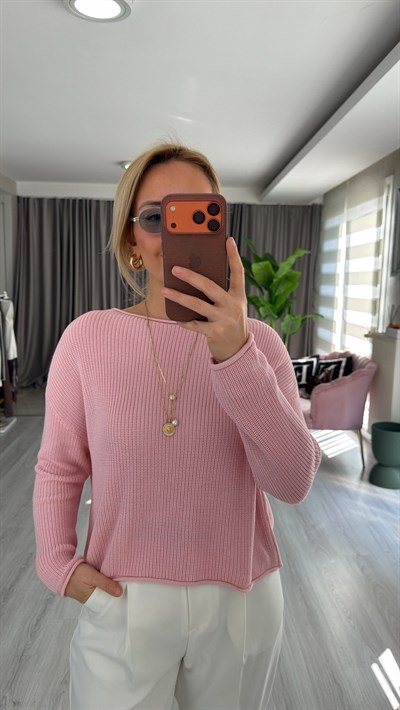 Dilvin Kayık Yaka Dökümlü Toz Pembe Merserize Triko