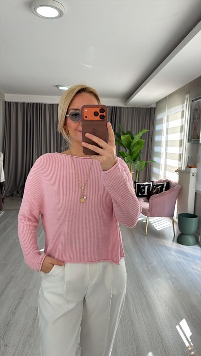 Dilvin Kayık Yaka Dökümlü Toz Pembe Merserize Triko