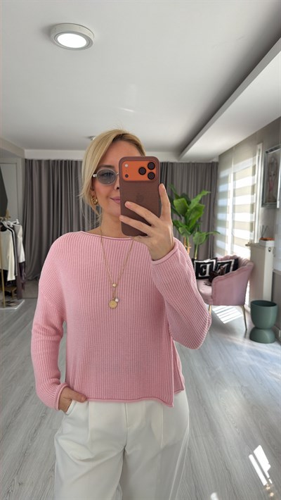 Dilvin Kayık Yaka Dökümlü Toz Pembe Merserize Triko