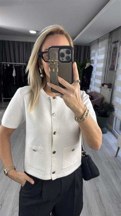 Dilvin Kendinden Simli Pullu Düğmeli Ekru Triko Hırka