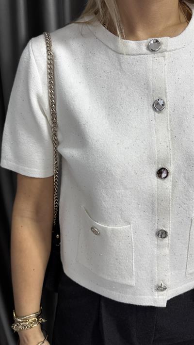 Dilvin Kendinden Simli Pullu Düğmeli Ekru Triko Hırka