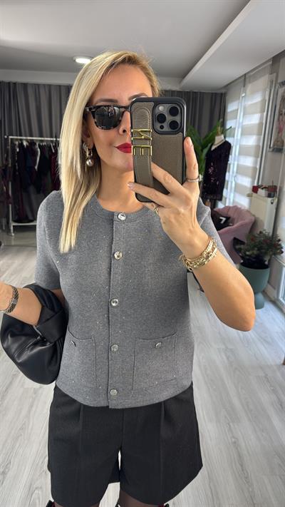 Dilvin Kendinden Simli Pullu Düğmeli Gri Triko Hırka