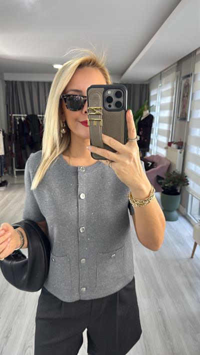 Dilvin Kendinden Simli Pullu Düğmeli Gri Triko Hırka