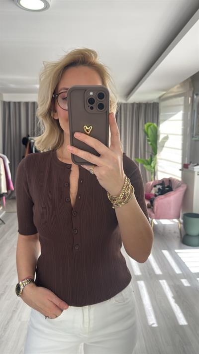 Dilvin Kısa Kollu Fitilli Acı Kahve Triko Bluz