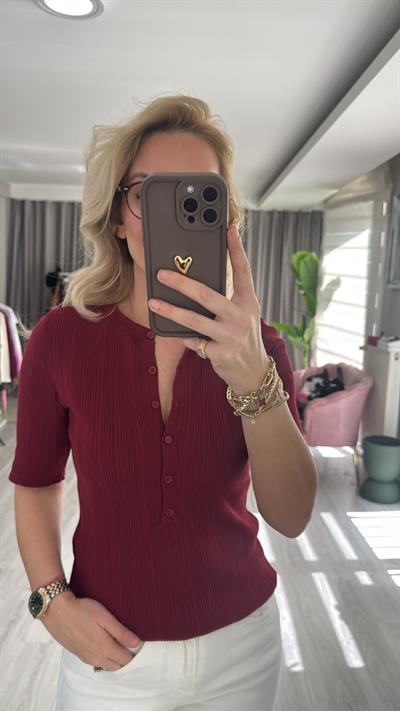 Dilvin Kısa Kollu Fitilli Bordo Triko Bluz