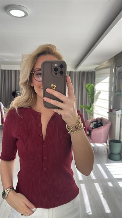 Dilvin Kısa Kollu Fitilli Bordo Triko Bluz