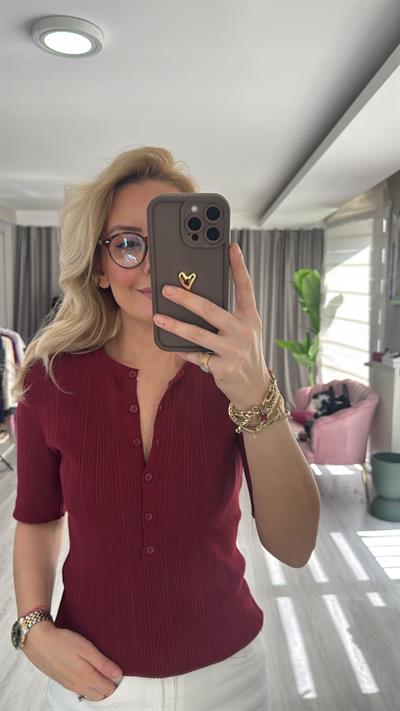 Dilvin Kısa Kollu Fitilli Bordo Triko Bluz