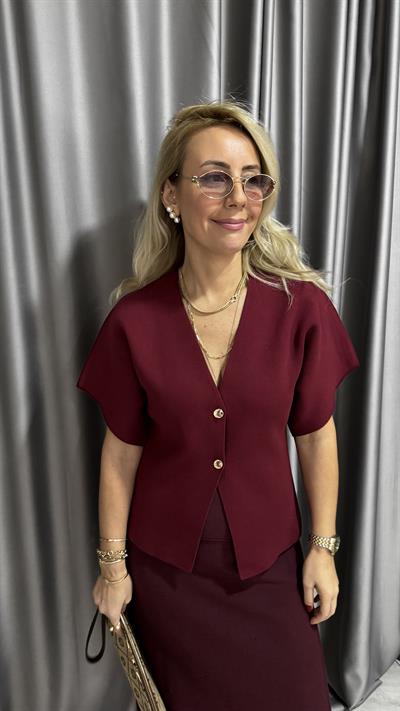 Dilvin V Yaka Gold Düğmeli Bordo Triko Hırka