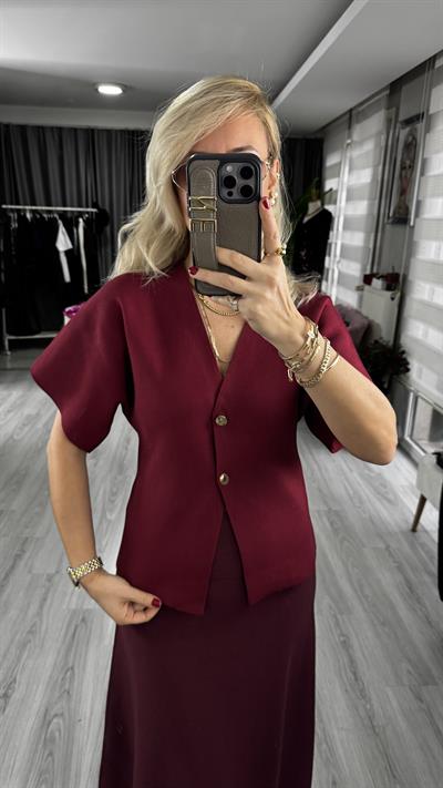 Dilvin V Yaka Gold Düğmeli Bordo Triko Hırka