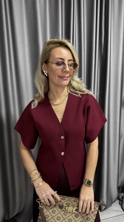 Dilvin V Yaka Gold Düğmeli Bordo Triko Hırka