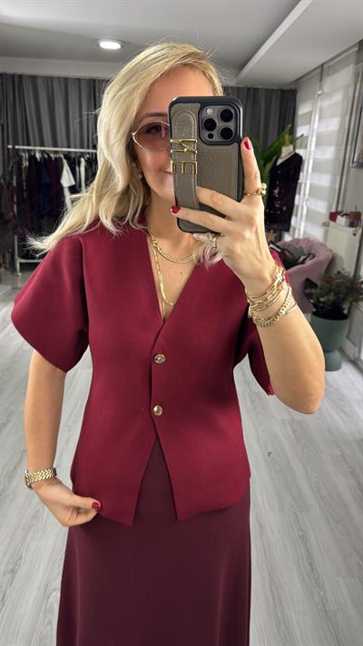 Dilvin V Yaka Gold Düğmeli Bordo Triko Hırka