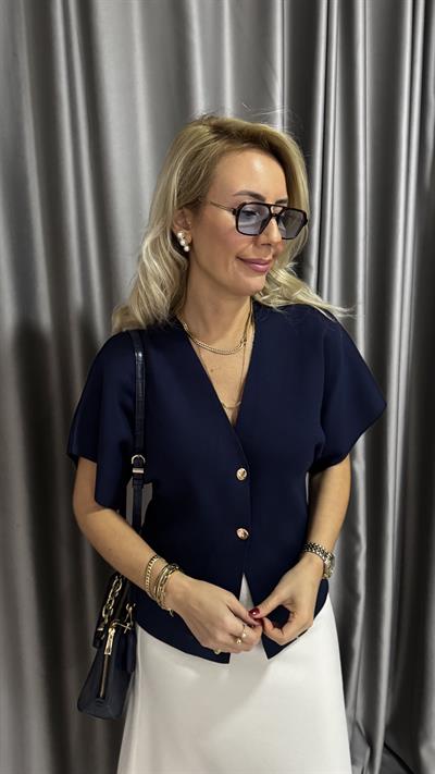 Dilvin V Yaka Gold Düğmeli Lacivert Triko Hırka