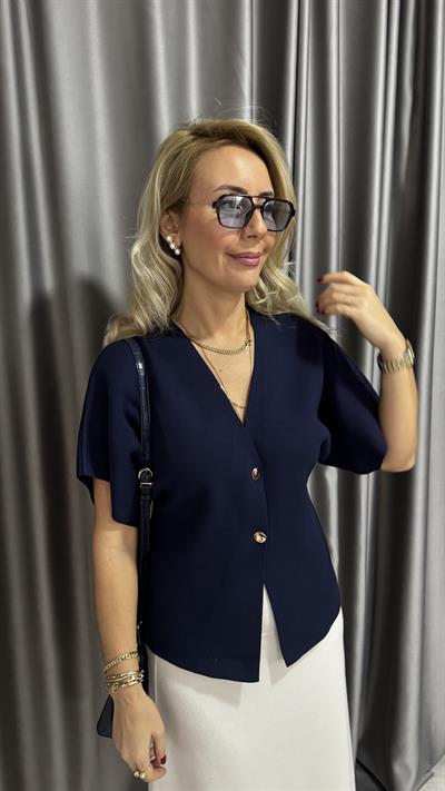 Dilvin V Yaka Gold Düğmeli Lacivert Triko Hırka