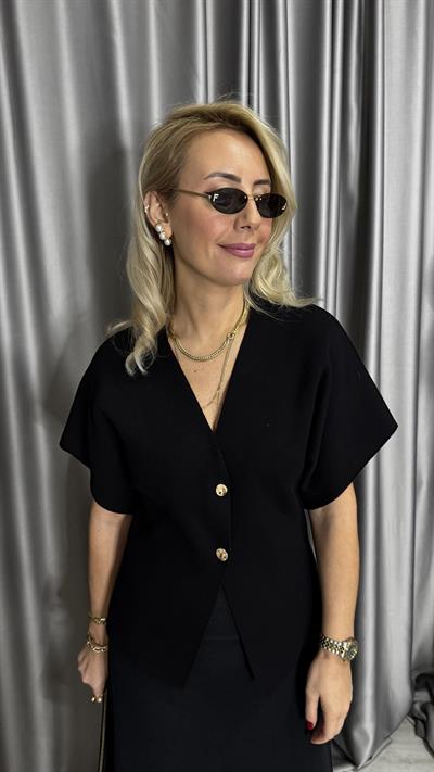 Dilvin V Yaka Gold Düğmeli Siyah Triko Hırka