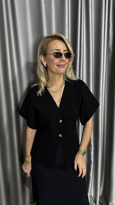 Dilvin V Yaka Gold Düğmeli Siyah Triko Hırka