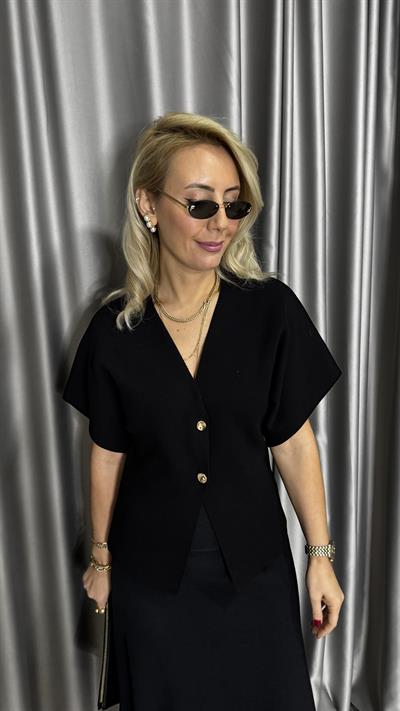 Dilvin V Yaka Gold Düğmeli Siyah Triko Hırka