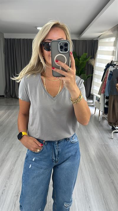 Dilvin V Yaka Pamuklu Gri Tişört