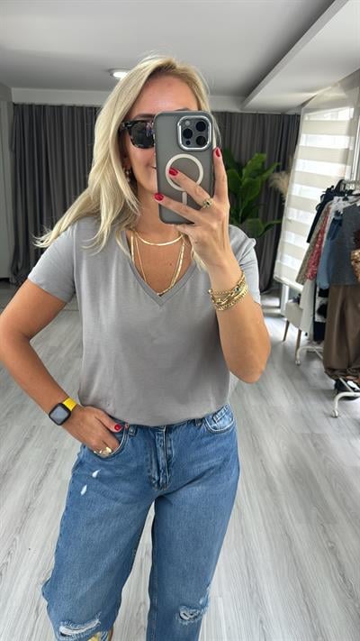 Dilvin V Yaka Pamuklu Gri Tişört