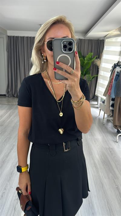 Dilvin V Yaka Pamuklu Siyah Tişört