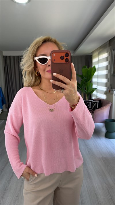 Dilvin V Yaka Parıltılı İp Geçişli Toz Pembe Triko