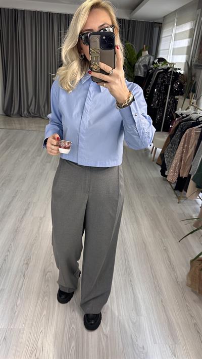 DOKULU GRİ KREP PALAZZO PANTOLON