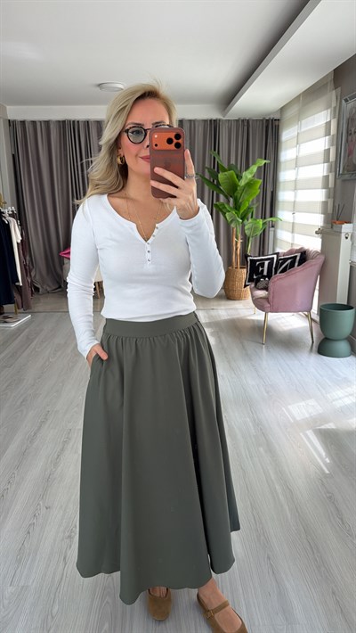 Düğme Detay Pamuklu Uzun Kol Beyaz Bluz