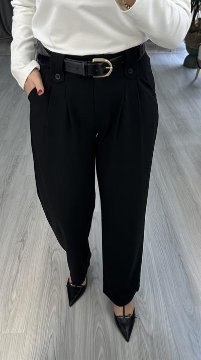 DÜĞME KEMER DETAYLI SİYAH PALAZZO PANTOLON