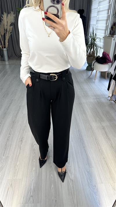 DÜĞME KEMER DETAYLI SİYAH PALAZZO PANTOLON