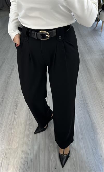 DÜĞME KEMER DETAYLI SİYAH PALAZZO PANTOLON