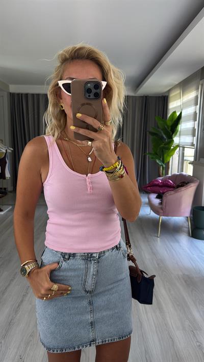 Düğmeli Askılı Pembe Atlet Bluz