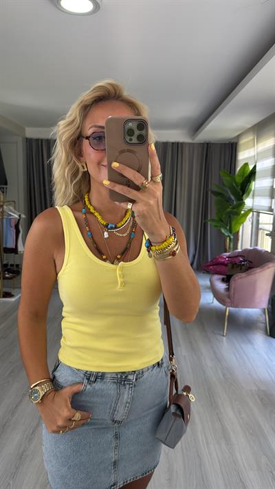 Düğmeli Askılı Sarı Atlet Bluz