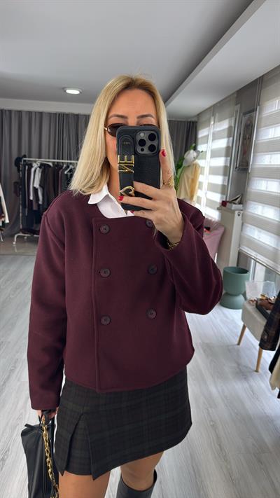 Düğmeli Bordo Kaşe Ceket