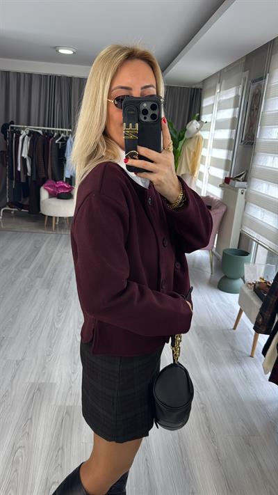 Düğmeli Bordo Kaşe Ceket