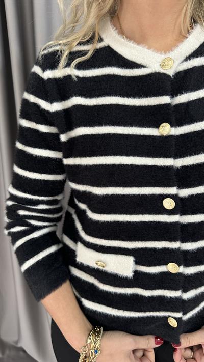 Ekru Çizgili Gold Düğmeli Siyah Premium Triko Hırka