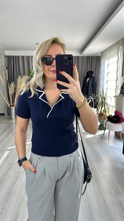 EKRU ŞERİTLİ, POLO YAKA, LACİVERT TRİKO 