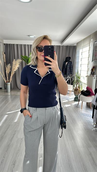 EKRU ŞERİTLİ, POLO YAKA, LACİVERT TRİKO 