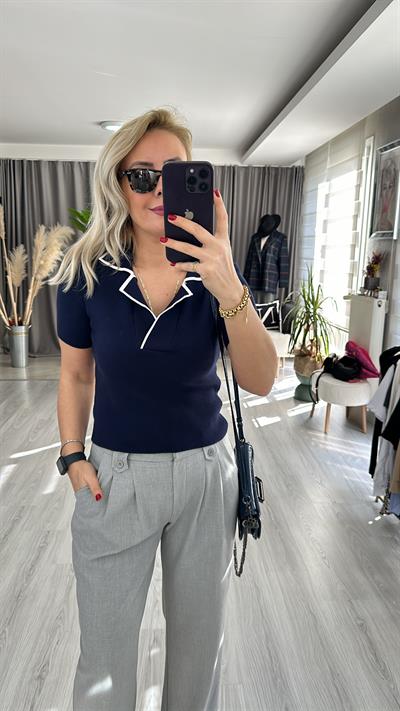 EKRU ŞERİTLİ, POLO YAKA, LACİVERT TRİKO 