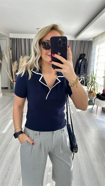 EKRU ŞERİTLİ, POLO YAKA, LACİVERT TRİKO 