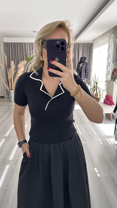 EKRU ŞERİTLİ, POLO YAKA, SİYAH TRİKO 