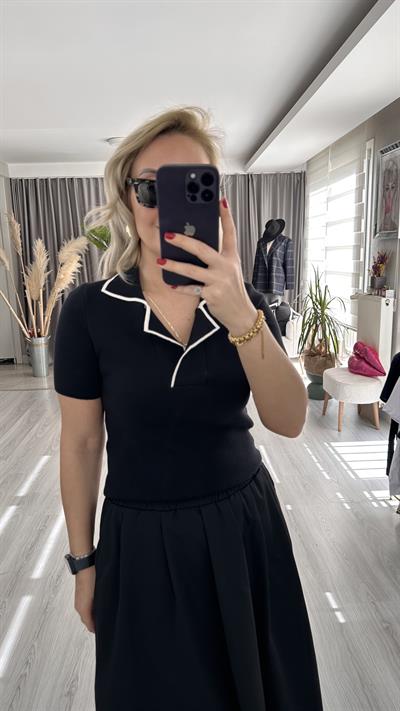 EKRU ŞERİTLİ, POLO YAKA, SİYAH TRİKO 