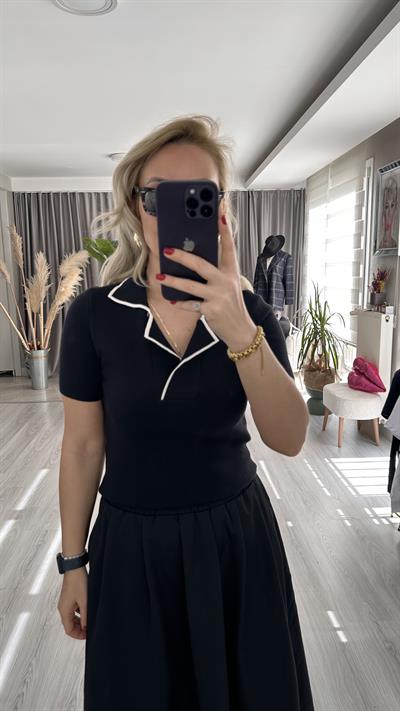 EKRU ŞERİTLİ, POLO YAKA, SİYAH TRİKO 