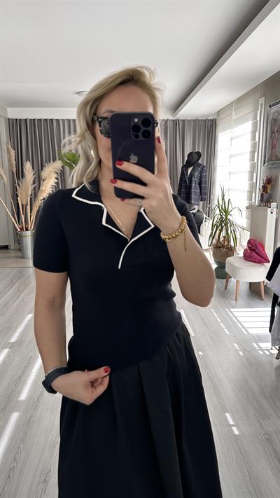 EKRU ŞERİTLİ, POLO YAKA, SİYAH TRİKO 