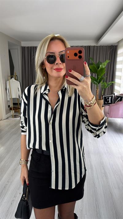 Ekru Siyah Çizgili Pamuklu Gömlek