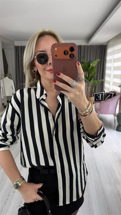 Ekru Siyah Çizgili Pamuklu Gömlek