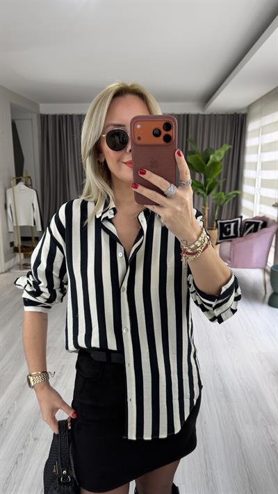 Ekru Siyah Çizgili Pamuklu Gömlek