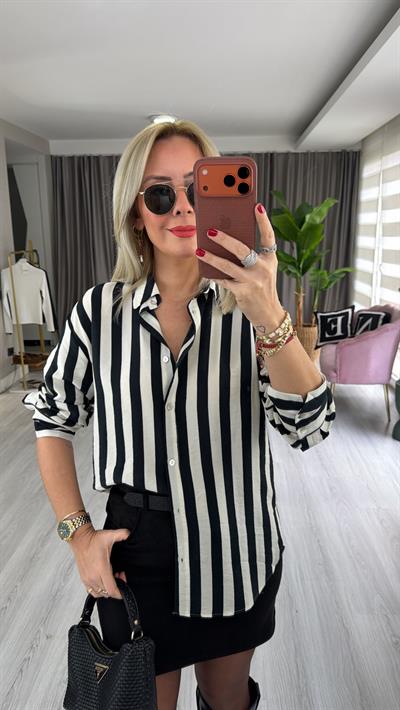 Ekru Siyah Çizgili Pamuklu Gömlek