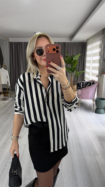 Ekru Siyah Çizgili Pamuklu Gömlek