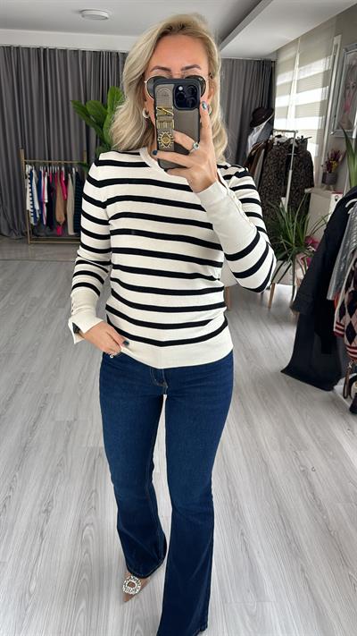 EKRU/SİYAH BİSİKLET YAKA ÇİZGİLİ KOLU DROPLU TRİKO